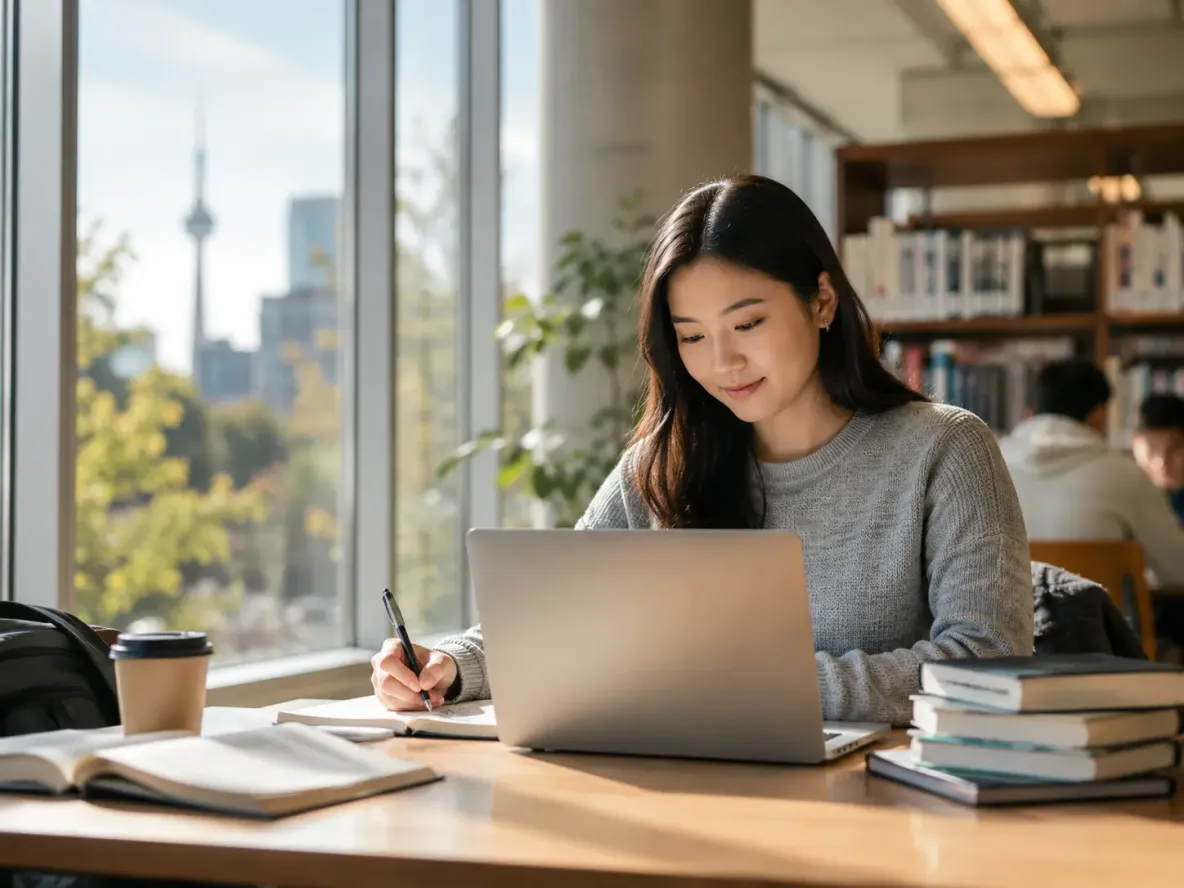 International student studying on a laptop in Toronto