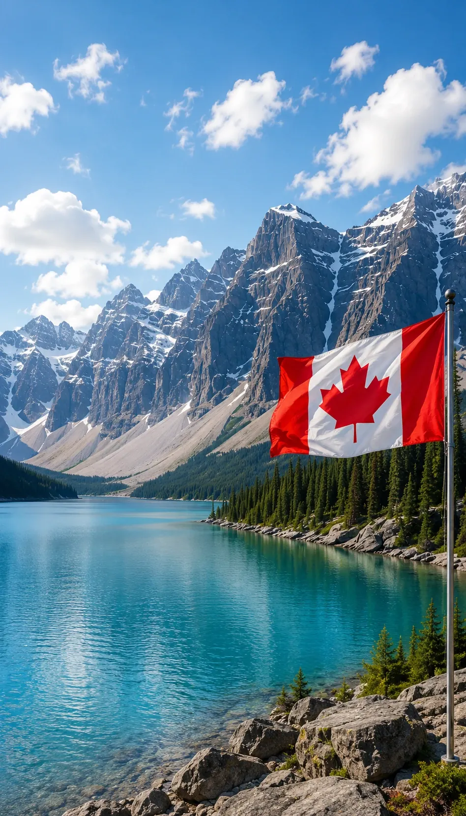 Canadian flag beside a mountain lake for visitor to Canada coverage